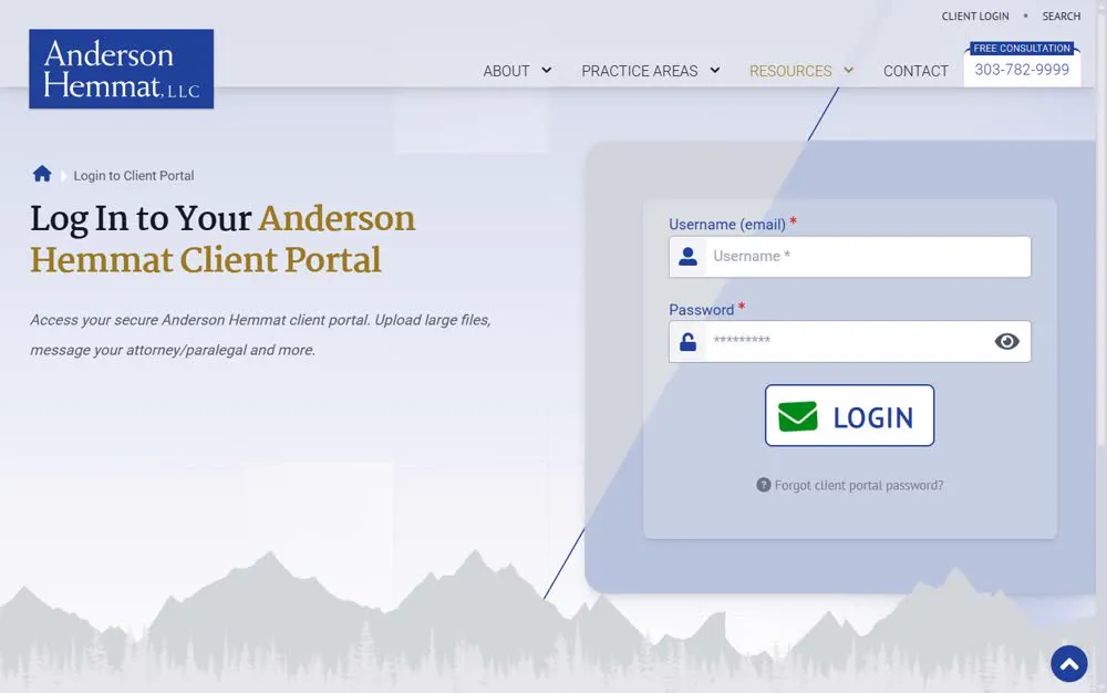 The Anderson Hemmat client portal login page.