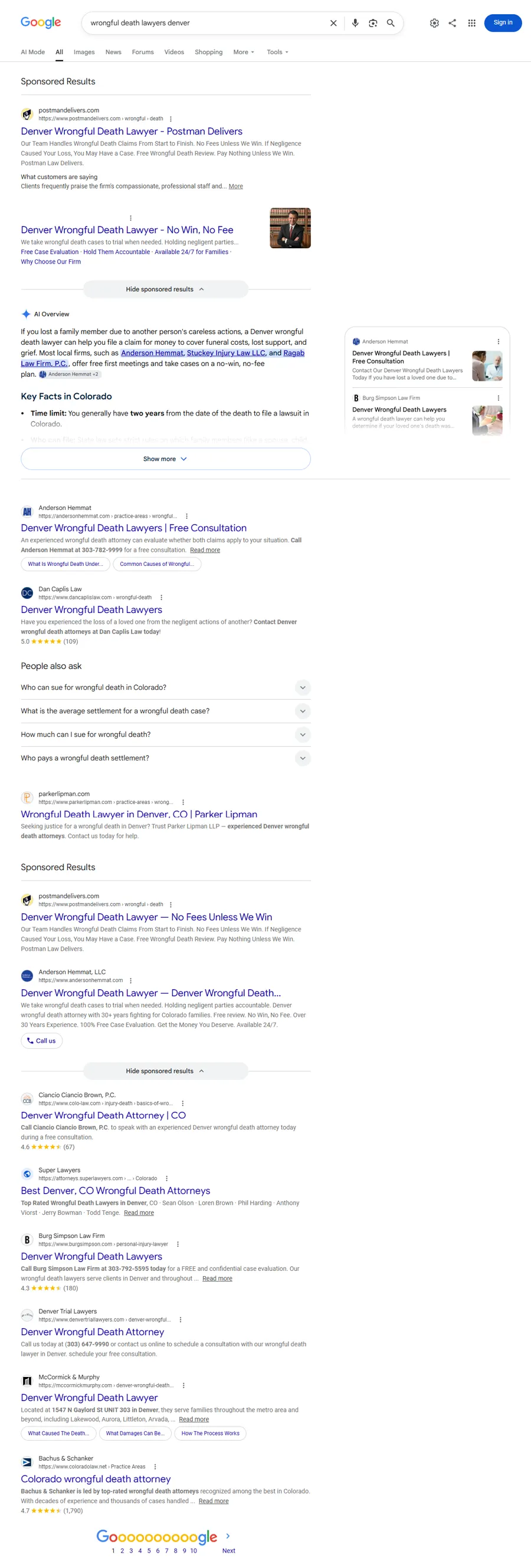 Google results for wrongful death lawyers denver, showing Anderson Hemmat in the AI overview, as the first organic result and in the sponsored slots.