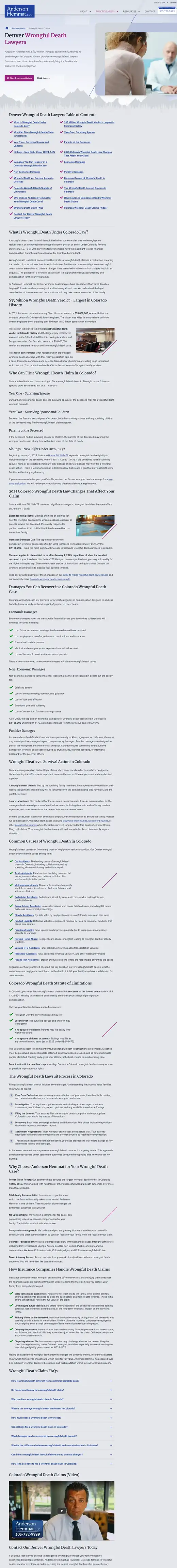 The Anderson Hemmat wrongful death practice page, showing its table of contents and its sections.