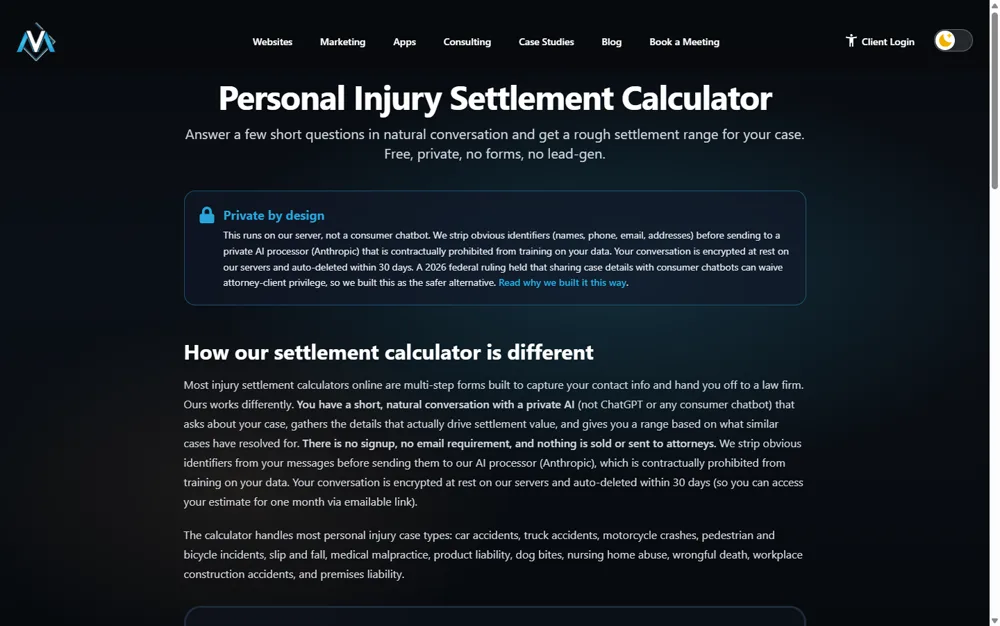 The personal injury settlement calculator page, with its privacy note.