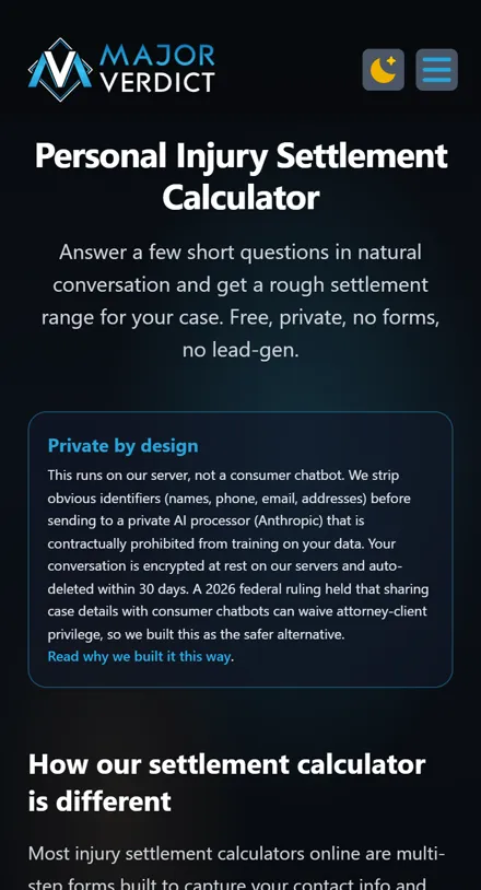 The settlement calculator page on a phone.