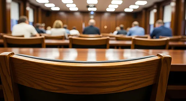 View behind chair in courtroom at trial
