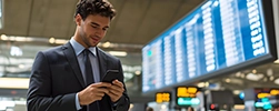 Man browsing verdict news on phone in airport