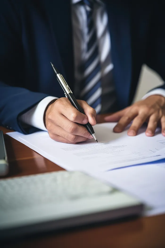 Lawyer signing legal documents