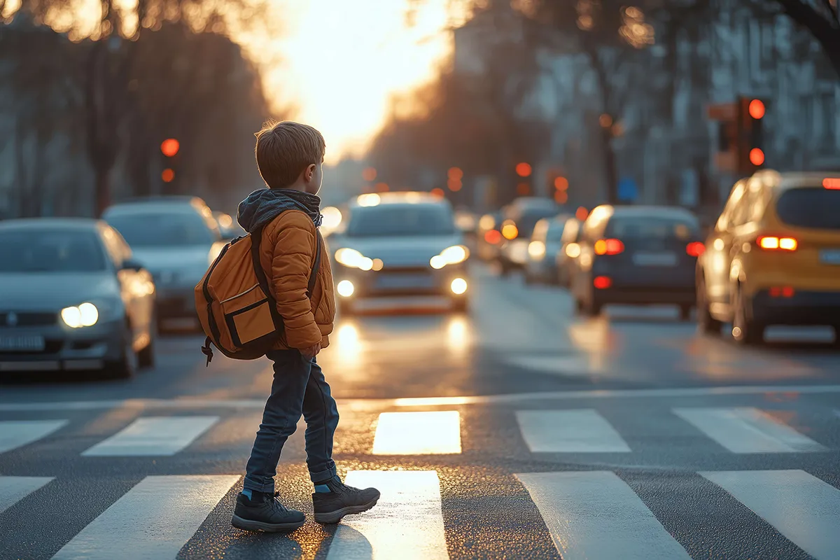 Boy crossing street in crosswalk