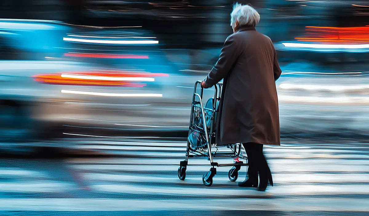 Elderly woman crossing busy street with walker device