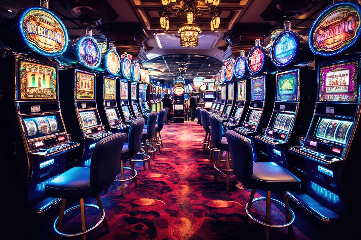 Inside of casino showing a bunch of slot machines