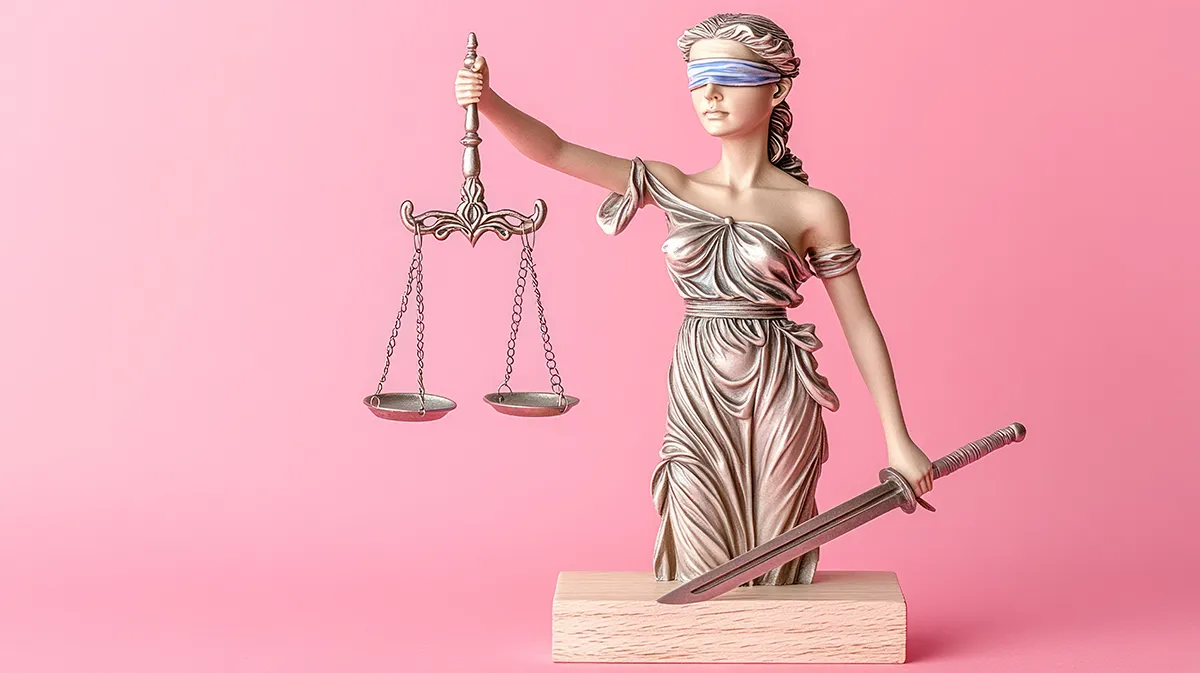 Lady justice with sword and scales on pink background